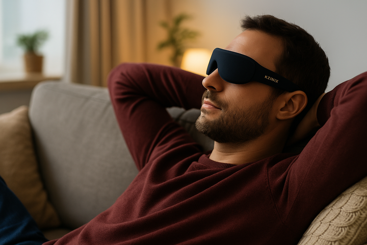 Men_relaxing_on_a_sofa_wearing_KZINIX_Sleep_Recovery_Eyewear