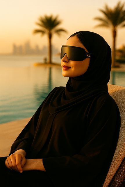 Woman_relaxing_at_the_beach_wearing_KZINIX_Sleep_Recovery_Eyewear