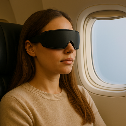 Woman_sleeping_on_a_airplane_wearing_KZINIX_Sleep_Recovery_Eyewear